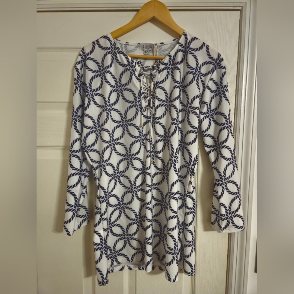 UV protection 50+ blouse Swimsuit Cover Up blue and white half sleeve